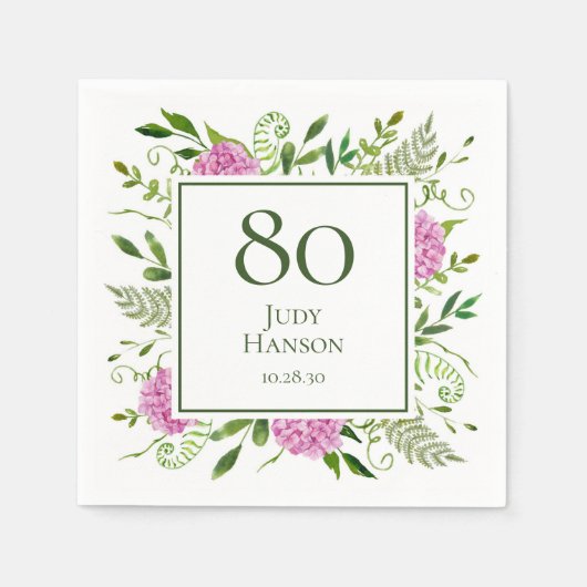 80. Geburtstag Pink Hydrangeas Serviette (Vorderseite)