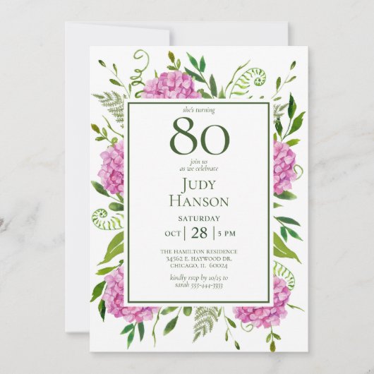 80. Geburtstag Pink Hydrangeen-Kartenanfrage Einladung (Vorderseite)