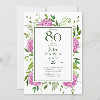 80. Geburtstag Pink Hydrangeen-Kartenanfrage Einladung