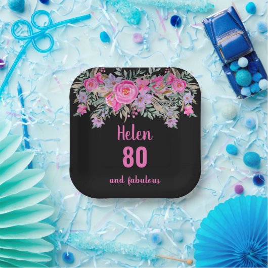 80. Geburtstag pink schwarz Aquarellblume Pappteller (Party)