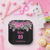 80. Geburtstag pink schwarz Aquarellblume Pappteller (Party)