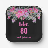 80. Geburtstag pink schwarz Aquarellblume Pappteller (Vorderseite)