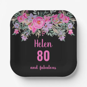 80. Geburtstag pink schwarz Aquarellblume Pappteller