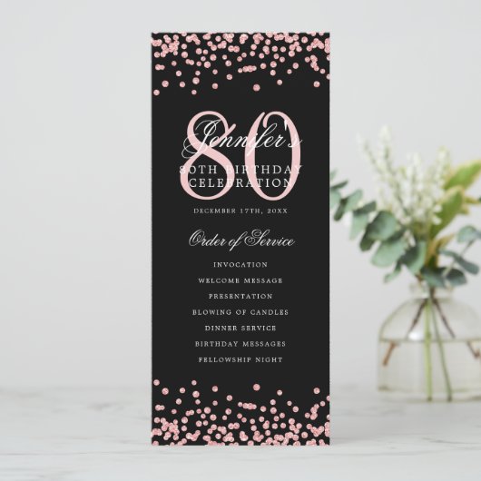 80 Geburtstag Programm Rose Gold Confetti Menü Bla (Stehend Vorderseite)
