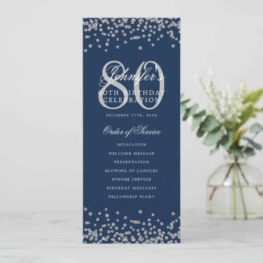 80 Geburtstag Programm Silver Confetti Menü Navy B (Stehend Vorderseite)