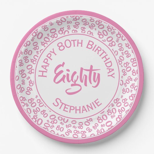 80. Geburtstag Random Zahlenmuster Pink/Weiß Pappteller (Vorderseite)