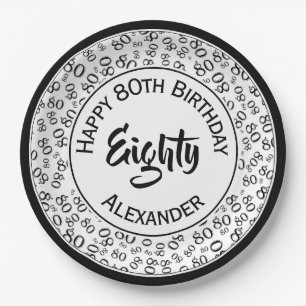 80. Geburtstag Random Zahlenmuster Schwarz/Weiß Pappteller