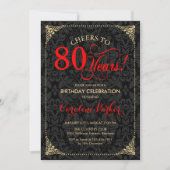 80. Geburtstag - Red Gold Black Damask Einladung (Vorderseite)