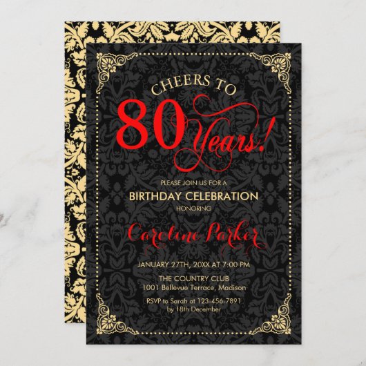 80. Geburtstag - Red Gold Black Damask Einladung (Vorne/Hinten)