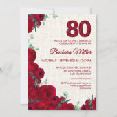 80. Geburtstag - Red Peonies Linen 80 Jahre Einladung (Vorderseite)