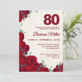 80. Geburtstag - Red Peonies Linen 80 Jahre Einladung (Stehend Vorderseite)