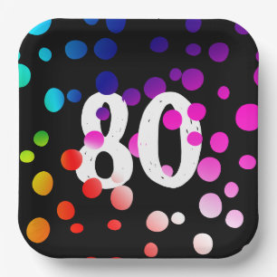 80. Geburtstag Regenbogenpunkte auf Schwarz Pappteller