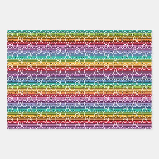 80. Geburtstag Regenbogenstreifen Geschenkpapier Set (Vorderseite)