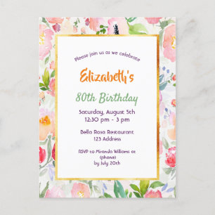 80. Geburtstag Rosa Aquarellblumen Einladung Postkarte