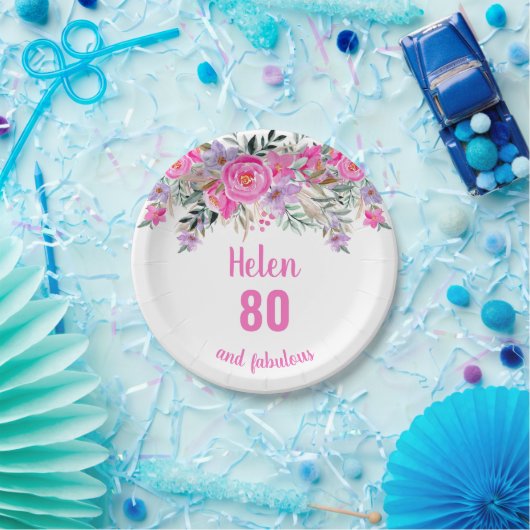 80. Geburtstag rosa Aquarellblüte Pappteller (Party)