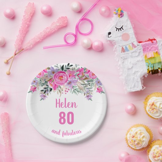 80. Geburtstag rosa Aquarellblüte Pappteller (Party)