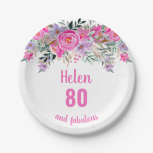 80. Geburtstag rosa Aquarellblüte Pappteller