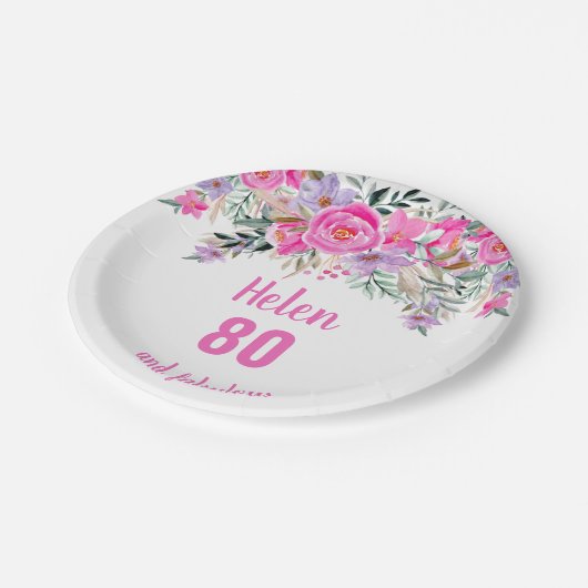 80. Geburtstag rosa Aquarellblüte Pappteller (Schrägansicht)