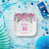 80. Geburtstag rosa Aquarellblüte Pappteller (Party)