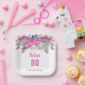 80. Geburtstag rosa Aquarellblüte Pappteller (Party)