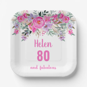 80. Geburtstag rosa Aquarellblüte Pappteller
