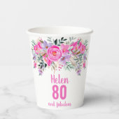 80. Geburtstag rosa Blumenbecher Pappbecher (Rückseite)