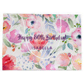 80. Geburtstag rosa Blumenmuster Monogramm Große Geschenktüte (Rückseite)