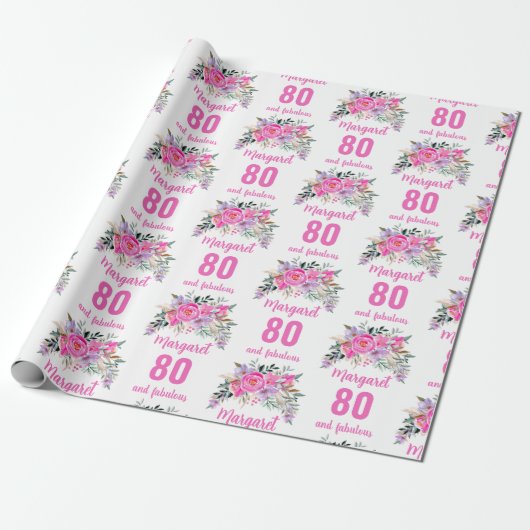80. Geburtstag rosa Blüte Geschenkpapier (Ungerollt)