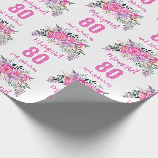 80. Geburtstag rosa Blüte Geschenkpapier (Ecke)