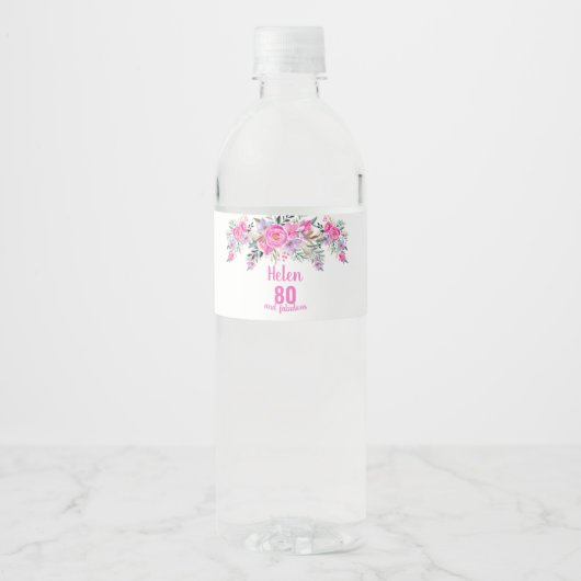 80. Geburtstag rosa Blüte Wasserflaschenetikett (Vorderseite)