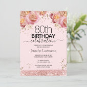 80. Geburtstag Rosa Glitzer Blumenladen Einladung (Stehend Vorderseite)