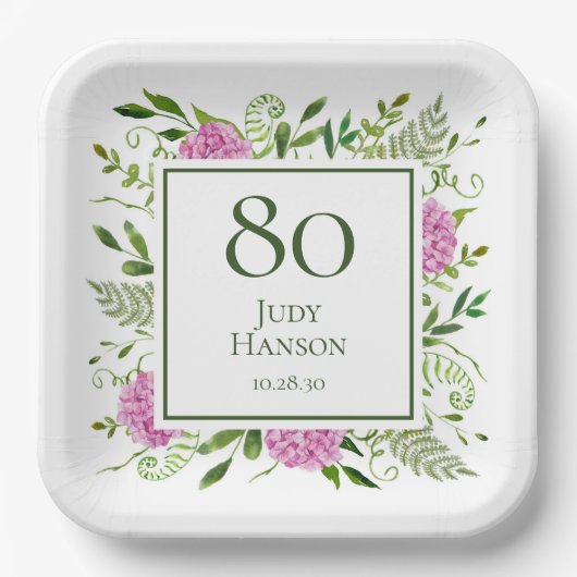 80. Geburtstag Rosa Hortensien Pappteller (Vorderseite)