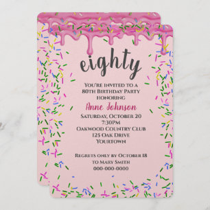 80. Geburtstag rosa Icing und Sprinklen Einladung