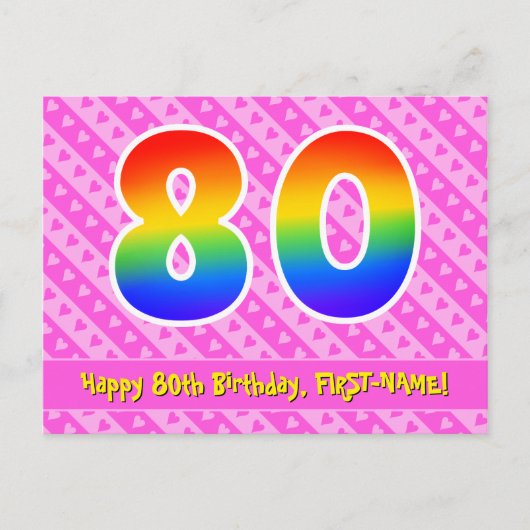 80. Geburtstag: Rosa Streifen & Herz, Regenbogen 8 Postkarte (Vorderseite)