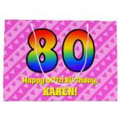 80. Geburtstag: Rosa Streifen & Herz, Regenbogen # Große Geschenktüte (Rückseite)