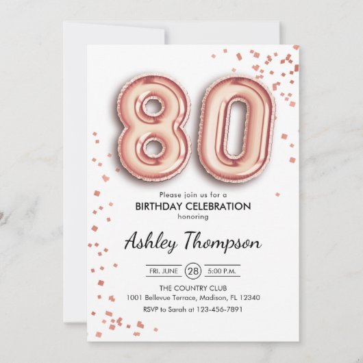 80. Geburtstag - Rose Gold Balloons Einladung (Vorderseite)