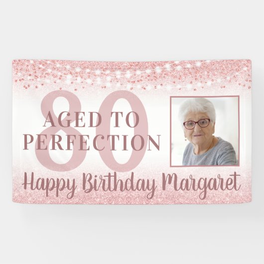 80. Geburtstag Rose Gold Glitzer Lights Foto Banner (Horizontal)
