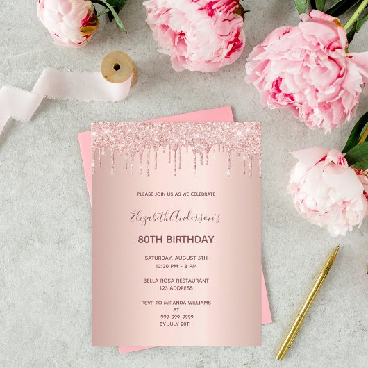 80. Geburtstag Rose Gold Glitzer Tropfen Einladung Postkarte