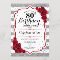 80. Geburtstag - Rose in Rot-Silber-Weiße Streifen