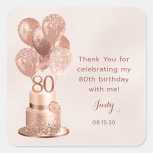 80. Geburtstag Roségold-Torte Danke Quadratischer Aufkleber