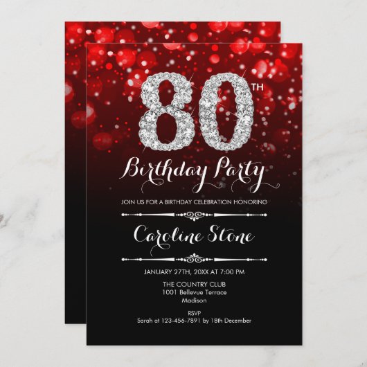 80. Geburtstag - Rotes Schwarzes Silber Einladung (Vorne/Hinten)