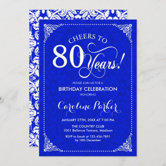 80. Geburtstag - Royal Blue White Damask Einladung (Vorne/Hinten)