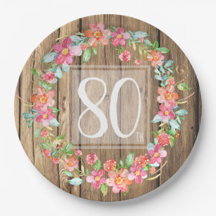 80. Geburtstag rustikale Holzwasserfarbe Blume Pappteller