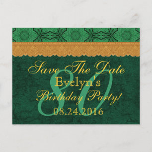 80. Geburtstag Save the Date Green und Gold Lace 0 Ankündigungspostkarte