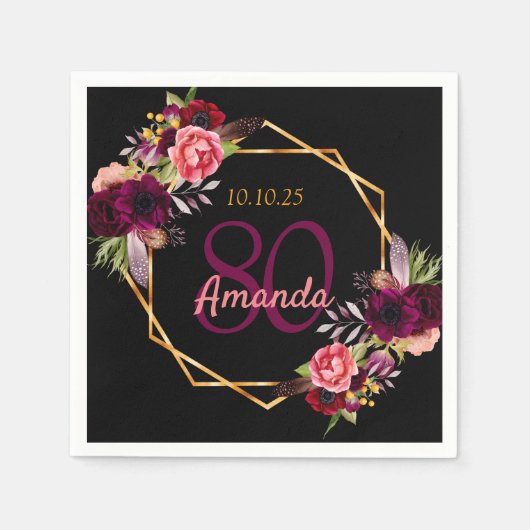80. Geburtstag schwarz bordeauxrot Blumen geometri Serviette (Vorderseite)
