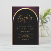 80. Geburtstag schwarz bordeauxrot goldener Bogen  Einladung (Stehend Vorderseite)