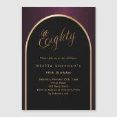 80. Geburtstag schwarz bordeauxrot goldener Bogen  Magneteinladung (Vorderseite)