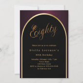 80. Geburtstag schwarz burgundy Gold arch Skript Einladung (Vorderseite)