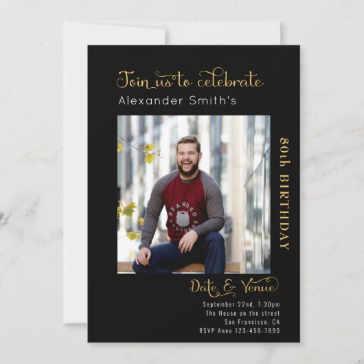 80. Geburtstag schwarz Einladung (Vorderseite)