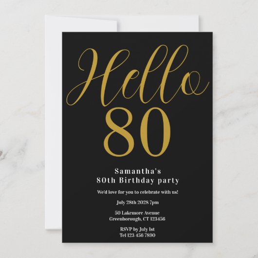 80. Geburtstag Schwarz Gold Chic Geburtstag Einladung (Vorderseite)